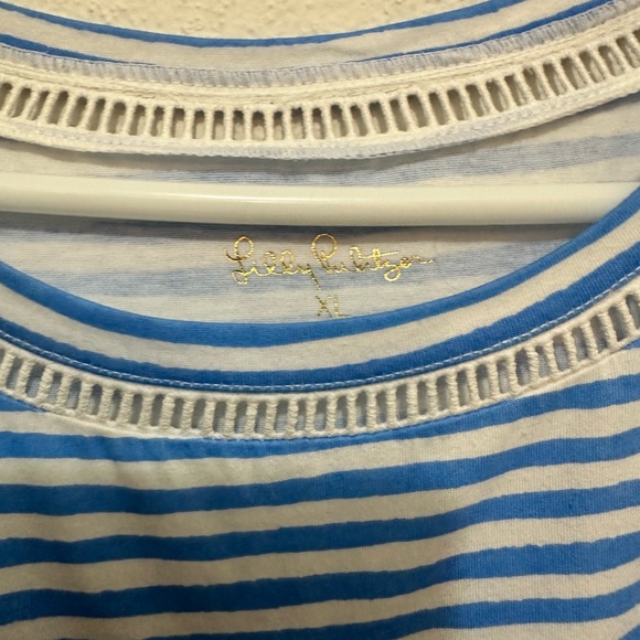 Lilly Pulitzer Striped Blue Dress with White Eyelet Ruffle Sleeves Size XL - Picture 2 of 4